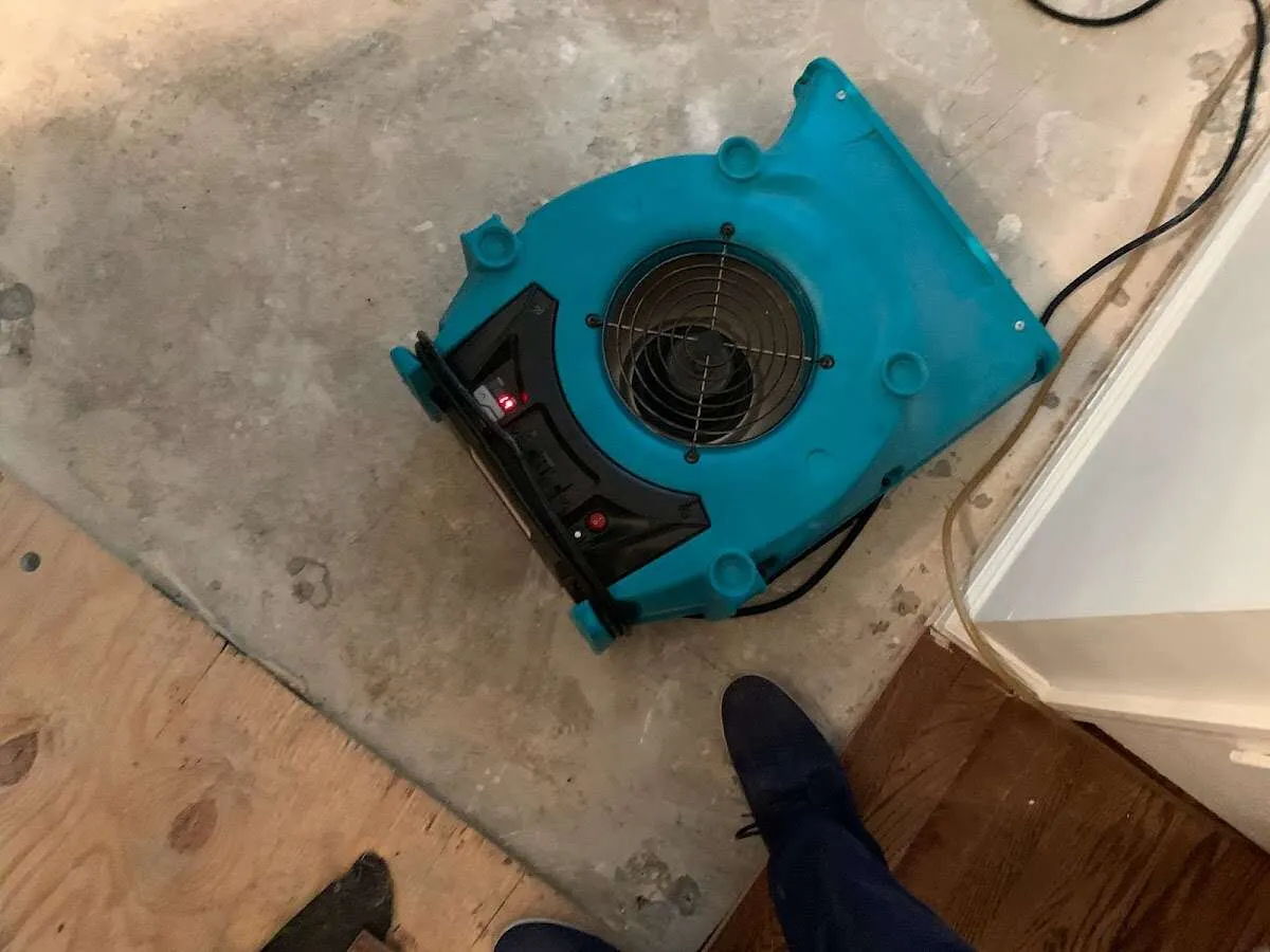 Air mover drying subfloor during Leak Detection & Repair in South Brooksville